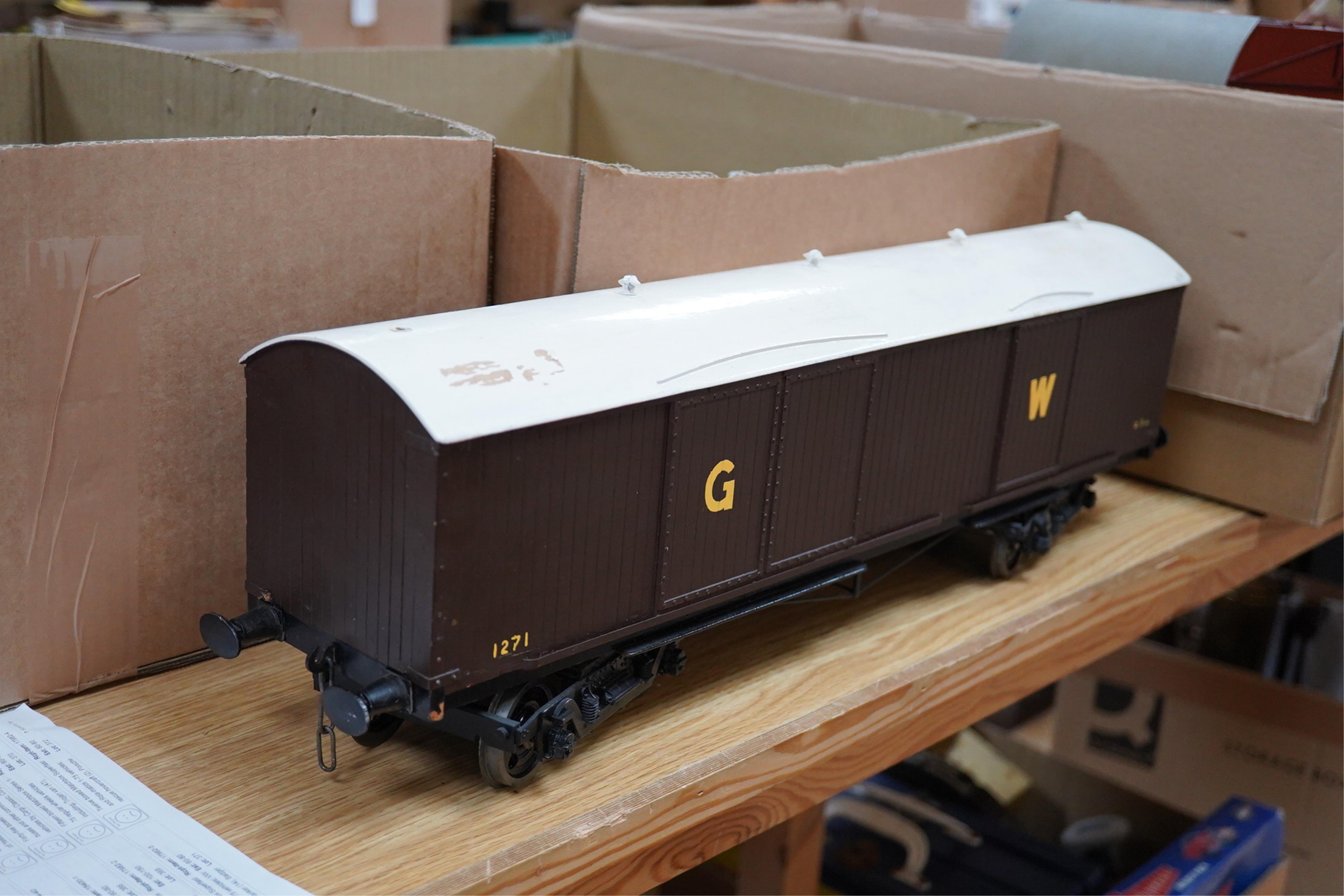 Two Gauge 3 model railway scratch-built GWR freight vans in resin, wood and steel, etc. construction, a siphon J bogie van and a 4-wheel cattle van